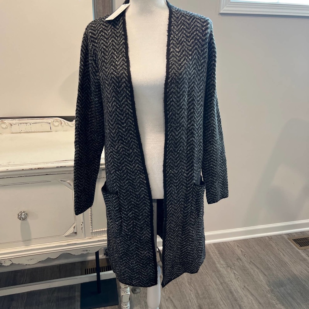 NWT NINE WEST Jacquard Long Cardigan Black Gray Open Front Pockets size Medium